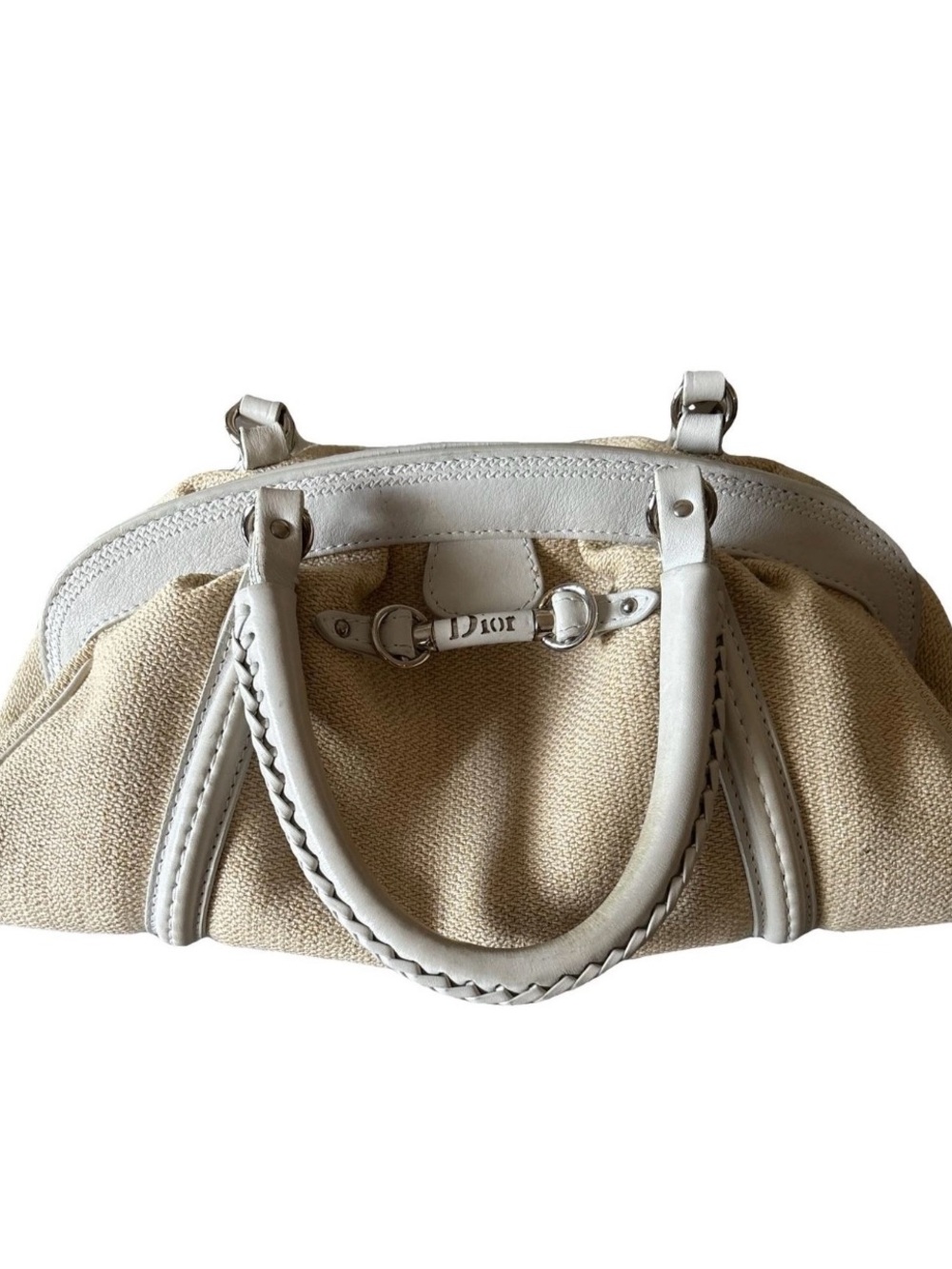 Dior Cream Canvas Satchel with White Leather Trim
